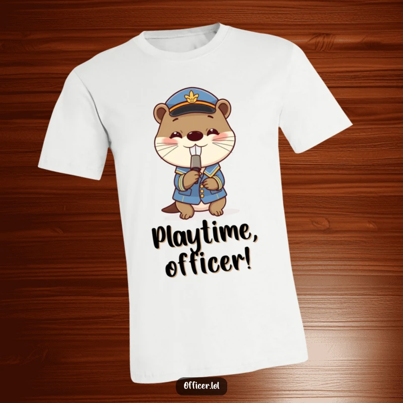 Funny t-shirt showcasing a playful otter in a small uniform blowing a tiny whistle with a wide, cheerful grin.