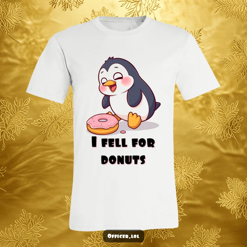 Funny Penguin T-Shirt: A comical penguin character trips dramatically over a donut, letting out a surprised yelp, capturing pure silliness.