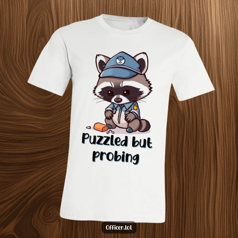 Funny raccoon officer t-shirt, curious raccoon with furrowed brow examining an item, perfect for investigators.