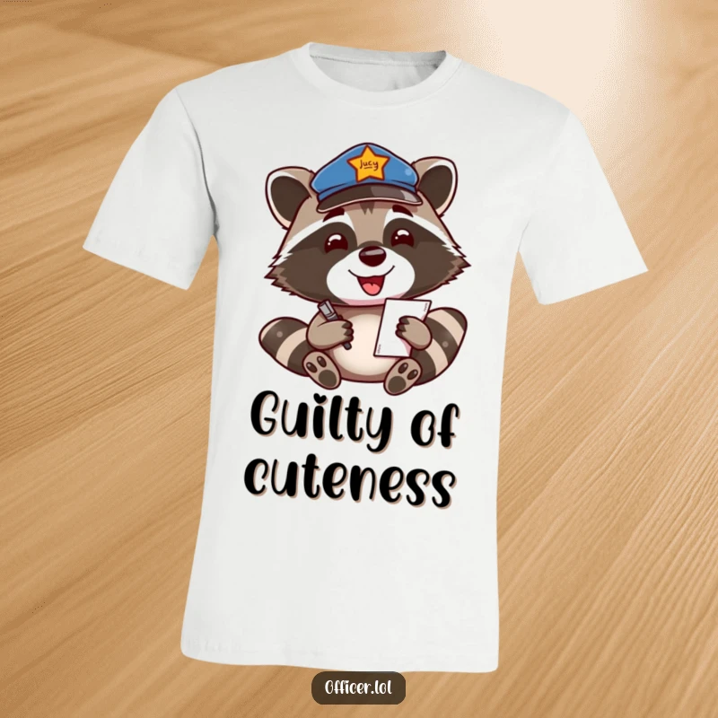 Funny T-Shirt: A happy raccoon in a patrol cap enthusiastically writes a ticket, embodying cheerful authority.