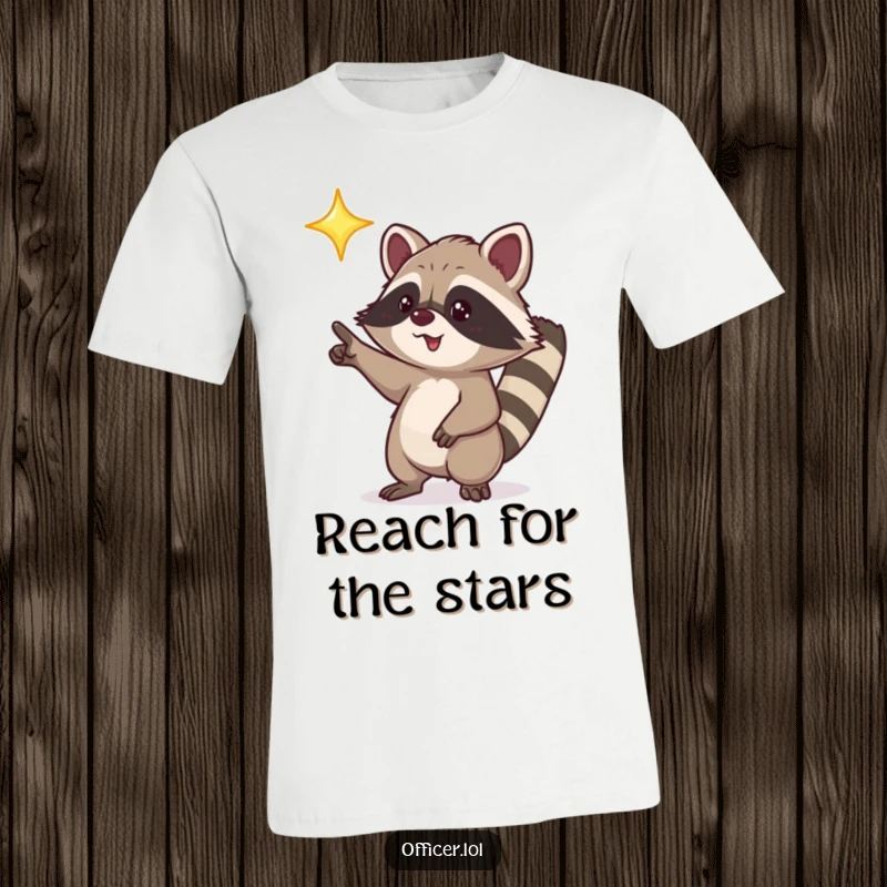 Funny t-shirt with a playful raccoon character excitedly pointing towards a bright, shining star, full of wonder.