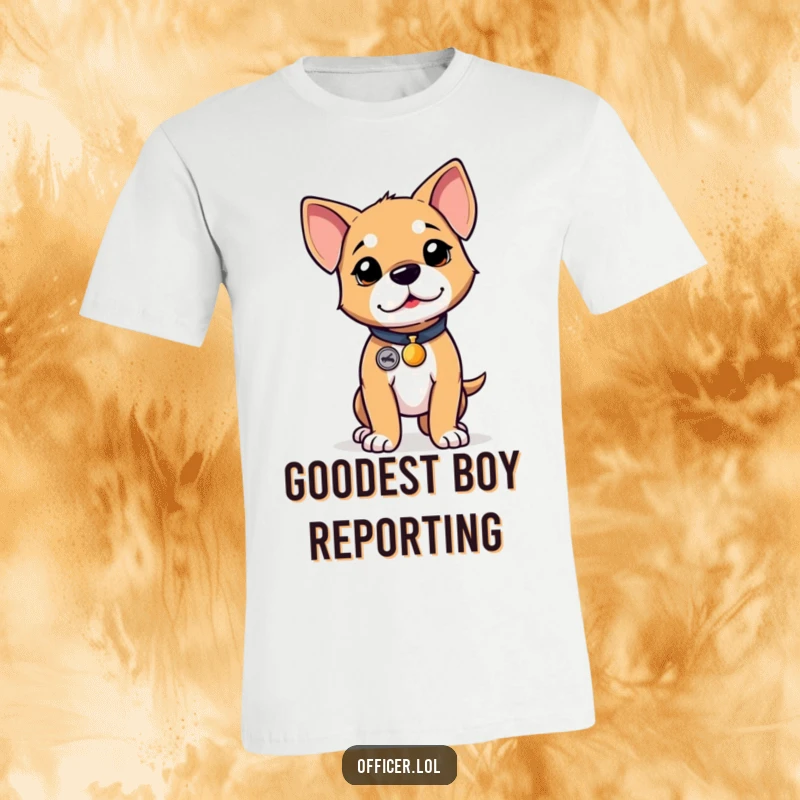 Funny puppy t-shirt, determined and proud wearing a tiny badge, standing tall like a little hero.
