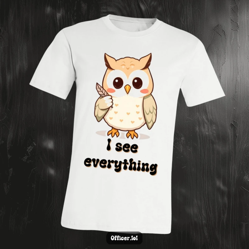 Funny t-shirt depicting a wise owl using a feather to indicate a significant clue, perfect for detectives and mystery enthusiasts.