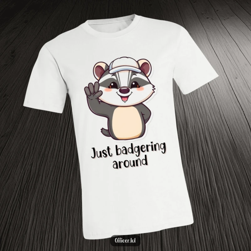 Funny t-shirt showcasing a happy badger in a cap, giving a warm salute with a friendly demeanor.