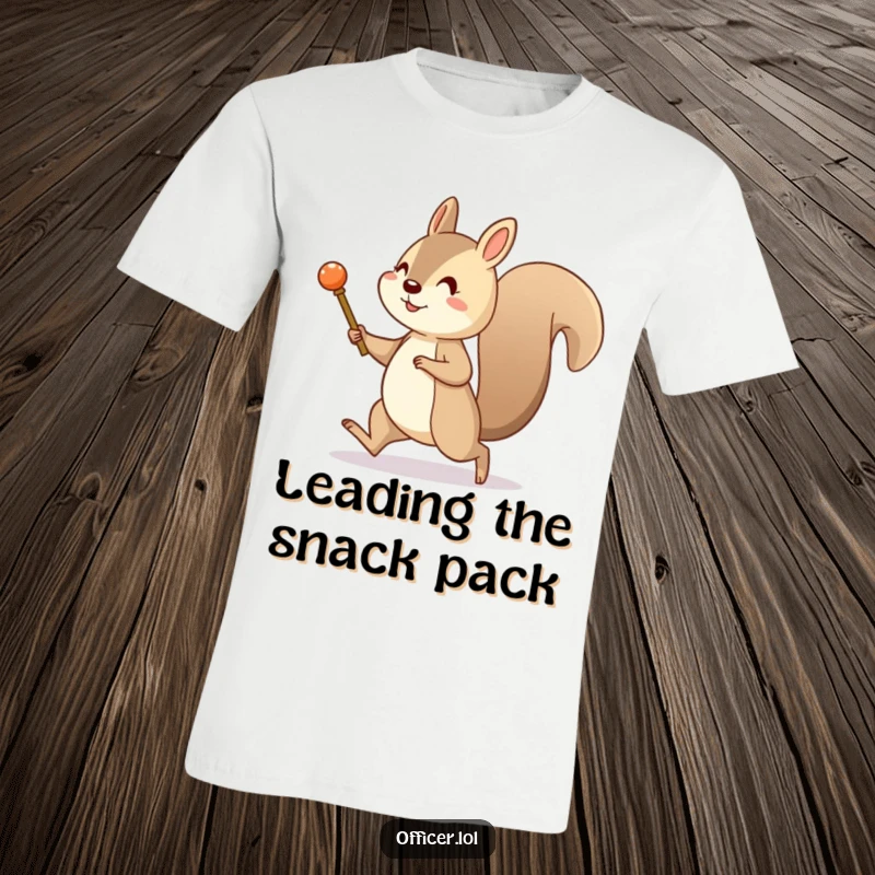 Funny t-shirt with a cheerful squirrel marching confidently with a tiny pretend baton. Humorous and energetic apparel.