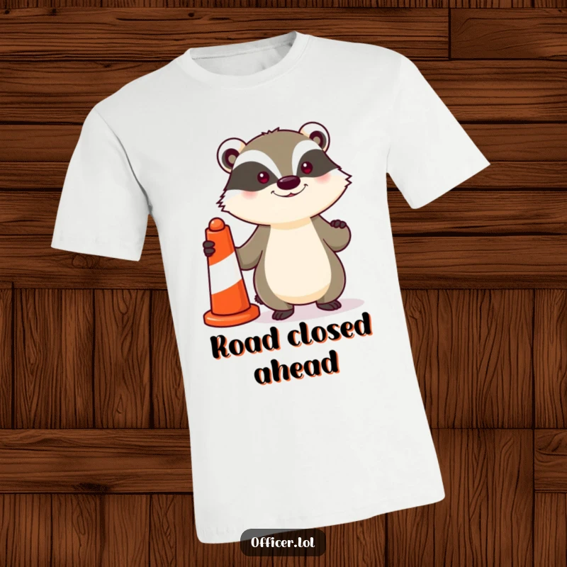 Funny t-shirt showing a determined badger standing proudly with a striped traffic cone, conveying a funny message of resilience and purpose.