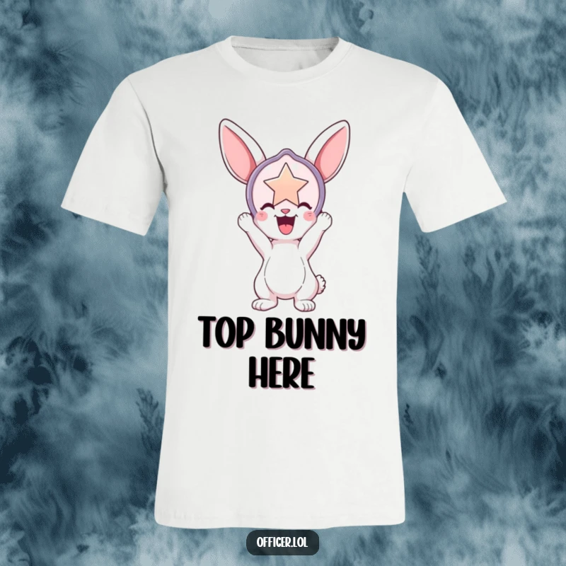 Funny t-shirt depicting a playful bunny triumphantly holding a large, shiny badge aloft, embodying success and joyful pride.