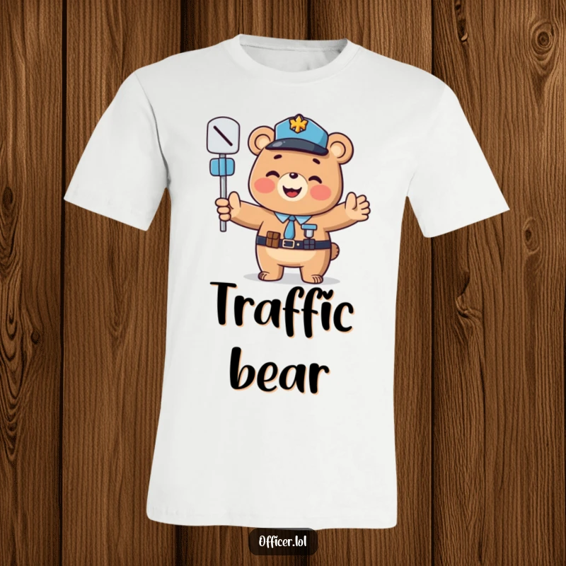 Funny t-shirt: A cheerful bear officer directs traffic with open paws and a happy face, a funny gift.
