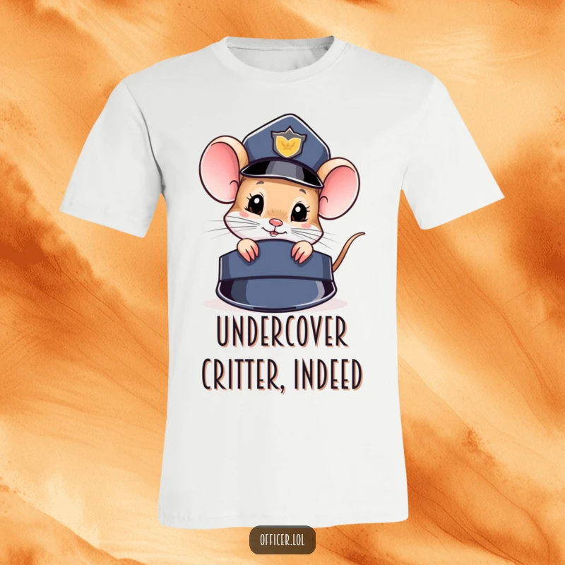 Funny T-Shirt: A tiny mouse peeks out curiously from behind a big police hat, embodying a little detective.