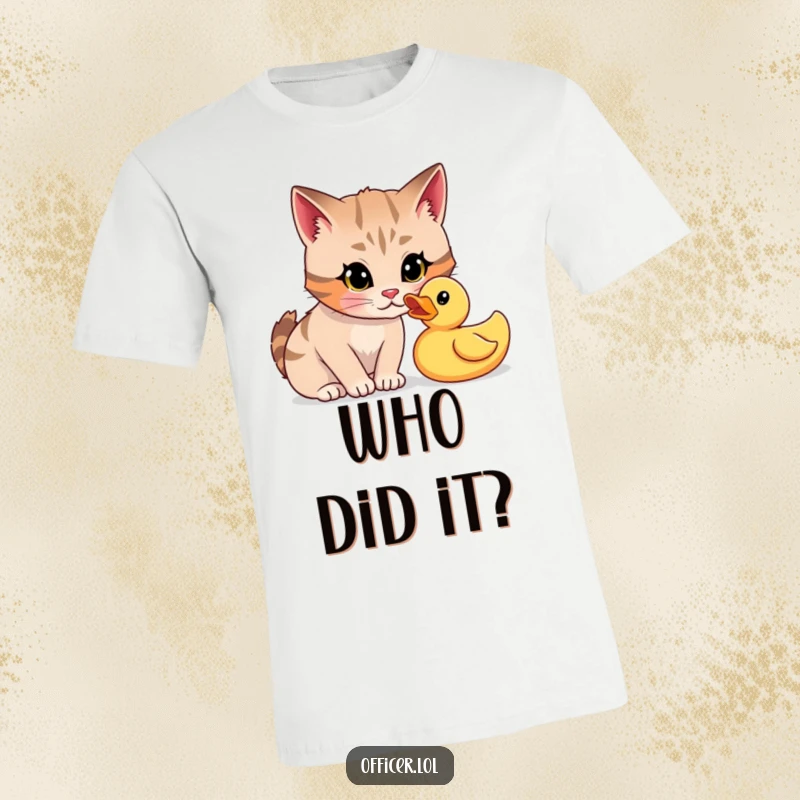 Funny cat detective t-shirt with a focused cartoon cat staring curiously at a rubber duck, ready for interrogation.
