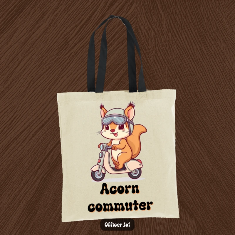 A determined squirrel in a helmet and goggles riding a miniature scooter, featured on a tote bag for adventurers.