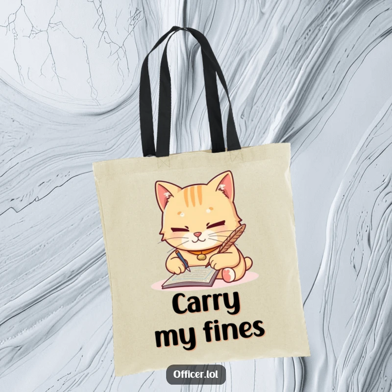 Funny tote bag showcasing a diligent cat writing a ticket with a quill, featuring a focused yet friendly demeanor, perfect for errands.