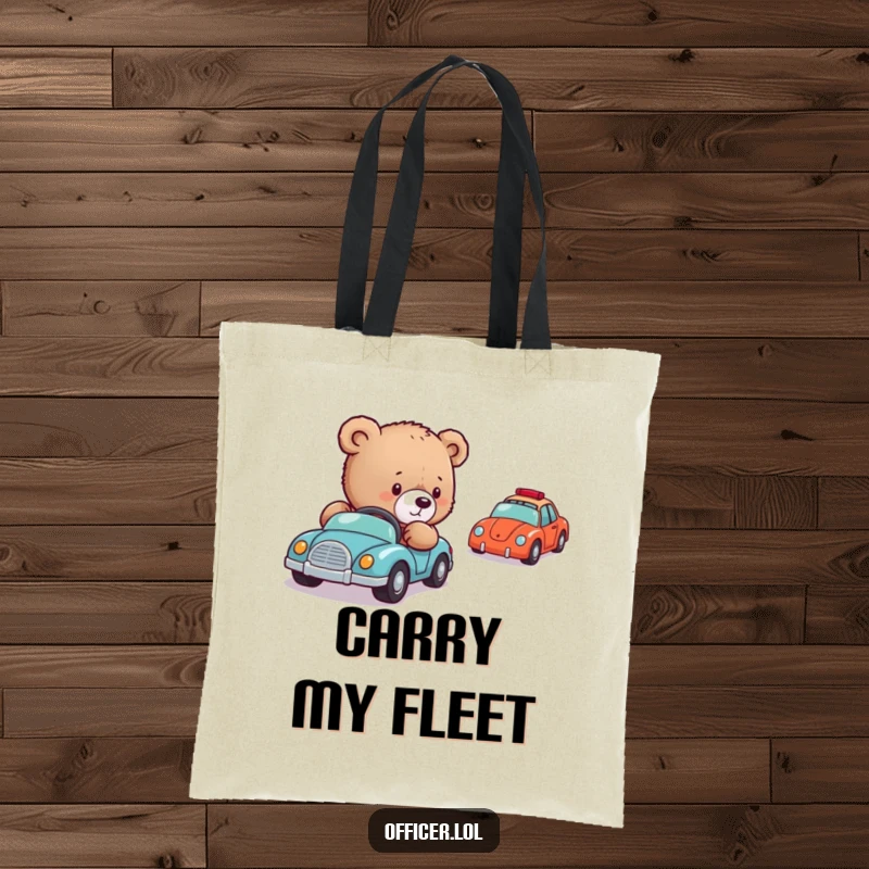 Funny Bear Cub Car Tote Bag: A stylish tote featuring a gentle bear cub carefully guiding a line of miniature toy cars with focus.