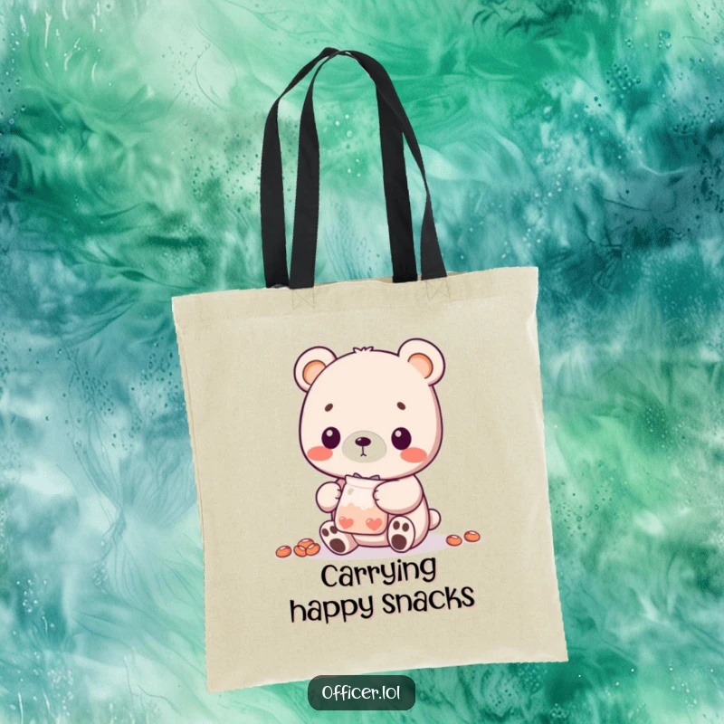 Funny Bear Cub Tote Bag: A sweet bear cub character generously offers a small bag of treats, perfect for carrying essentials with charm.