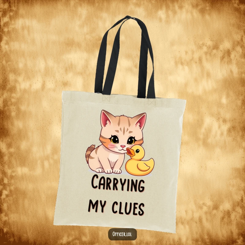 Funny tote bag featuring a focused cartoon cat staring curiously at a rubber duck, ready to uncover secrets.