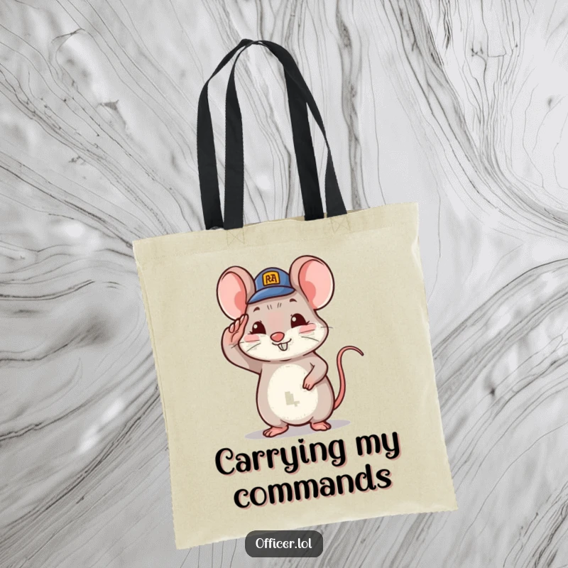 Funny tiny mouse character saluting with a tiny hat and proud smile, cute tote bag.