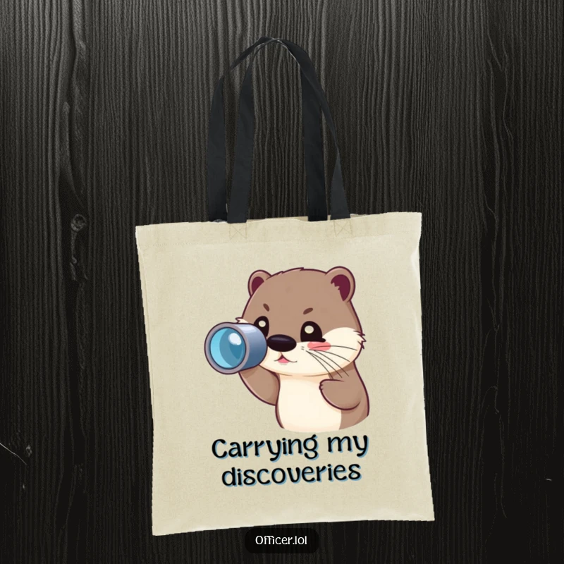 Funny tote bag featuring a cute otter character peering through a spyglass with a focused but joyful gaze.