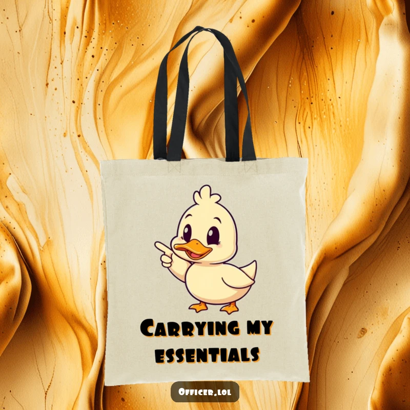 Funny duck tote bag featuring a happy duck pointing forward decisively and winking, ideal for carrying daily items with humor.