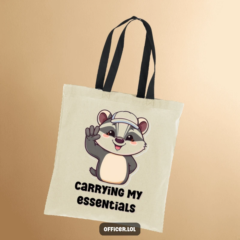 Funny tote bag featuring a smiling badger giving a friendly salute, ready for errands with a cap.
