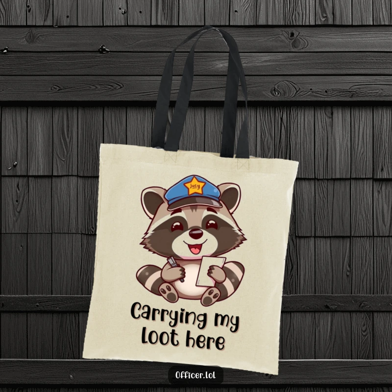 Funny Tote Bag: Smiling raccoon in a patrol cap writes a ticket, perfect for carrying essentials with authority.
