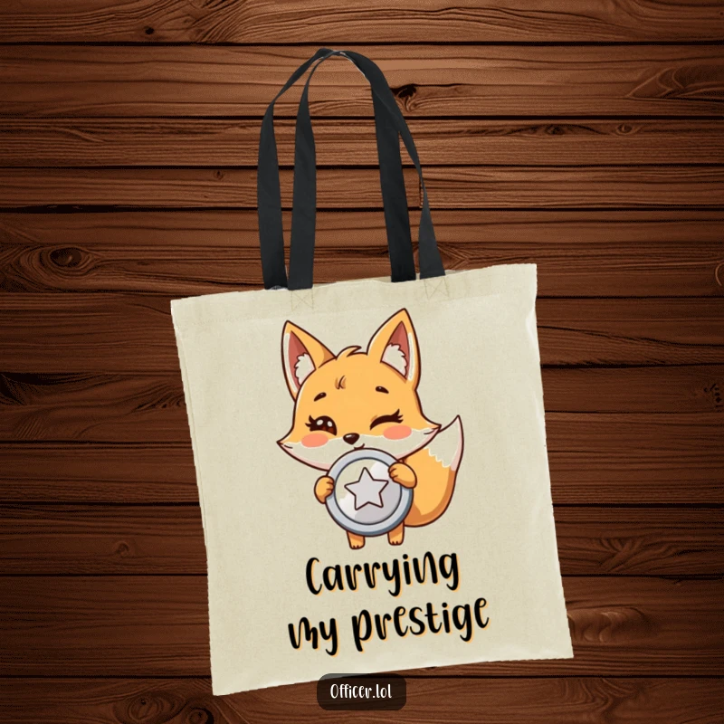 Funny tote bag featuring a giggling cartoon fox holding a large, shiny badge, proudly winking after solving a case.