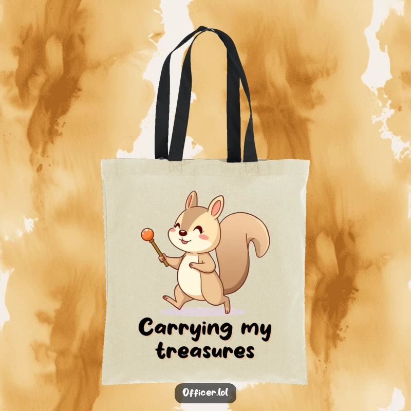 Funny tote bag with a cheerful squirrel marching with a tiny pretend baton. Humorous and practical for carrying items.
