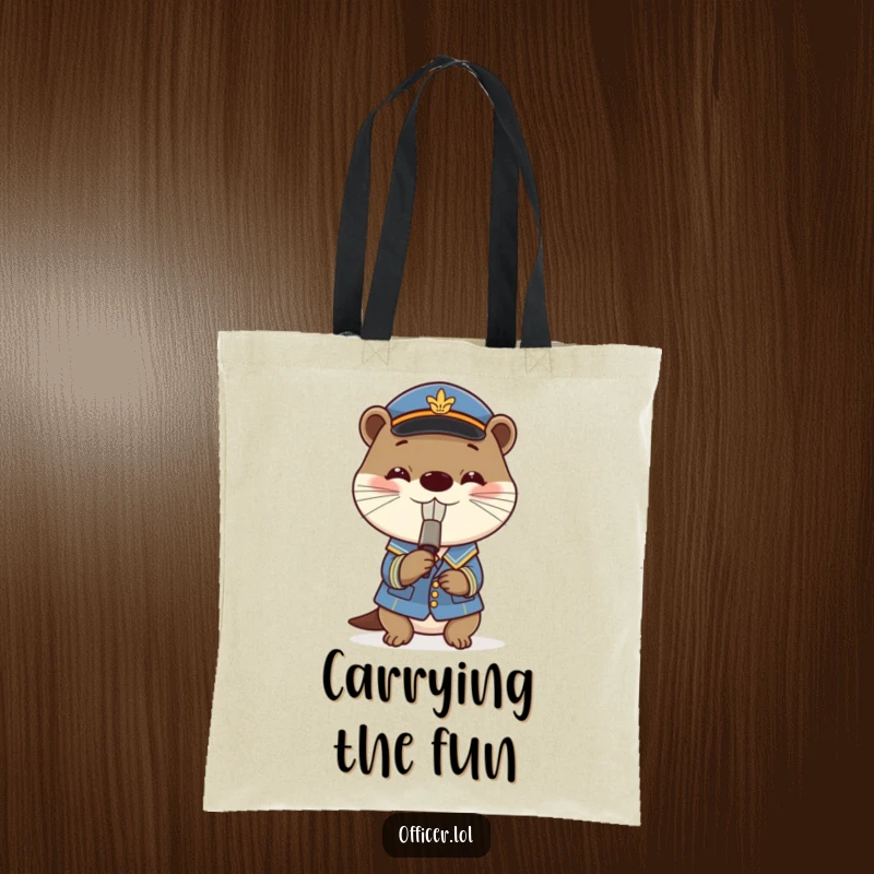 Funny tote bag with a playful otter in a small uniform blowing a tiny whistle with a massive grin.