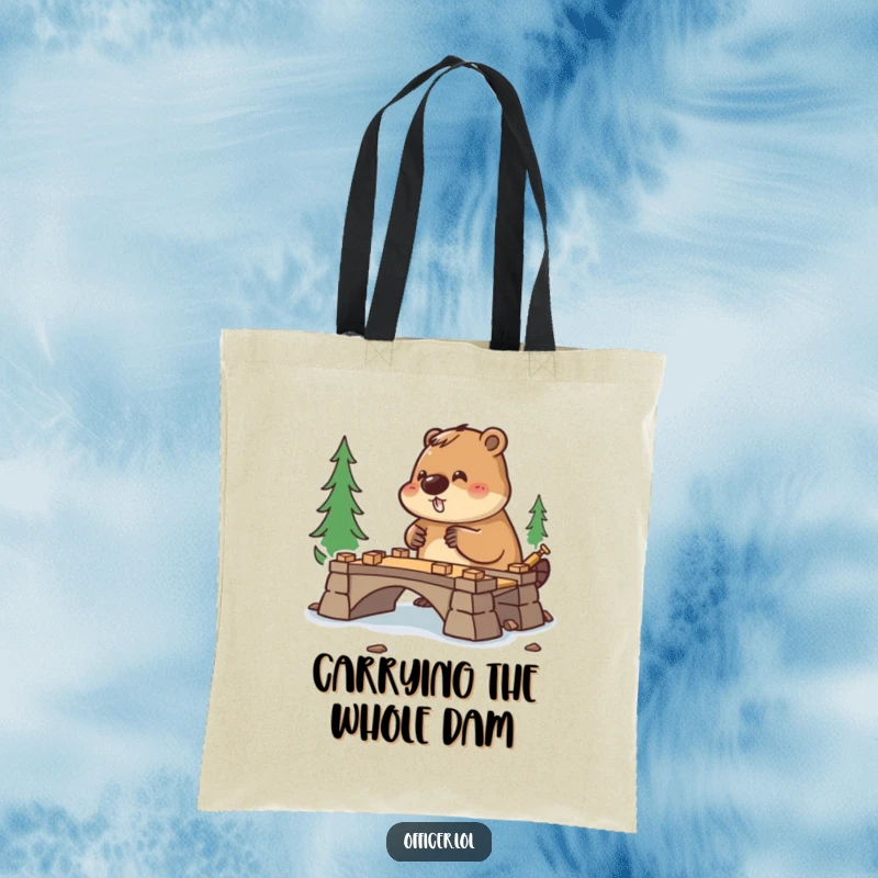 Funny tote bag showcasing a diligent beaver directing bridge construction, designed for carrying groceries with a smile.