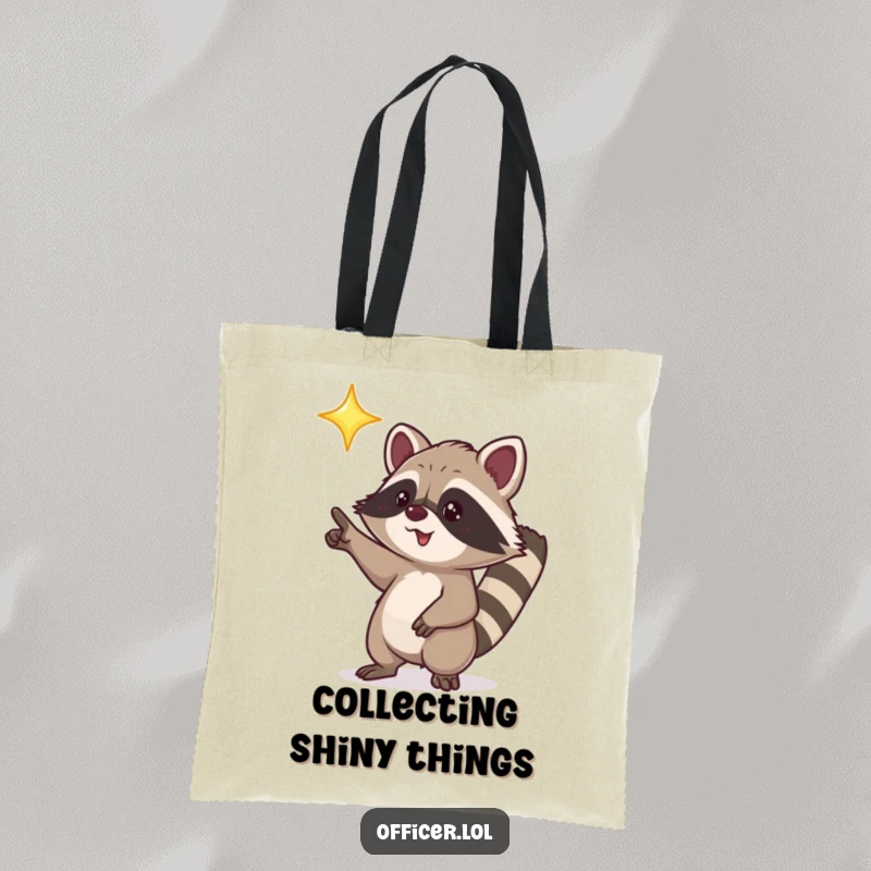 Funny tote bag featuring a playful raccoon character excitedly pointing towards a bright, shining star.