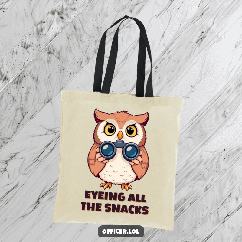 Funny owl tote bag, a curious bird peeking through binoculars, stylish and humorous accessory for everyday use.