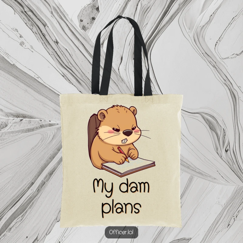 Funny tote bag featuring a stern beaver diligently writing on a notepad, ready to carry all your essentials with a serious expression.