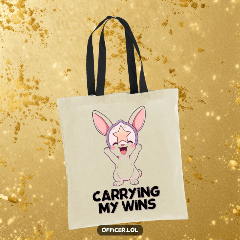 Funny tote bag showing a playful bunny holding a large, shiny badge aloft, perfect for carrying essentials with a heroic flair.