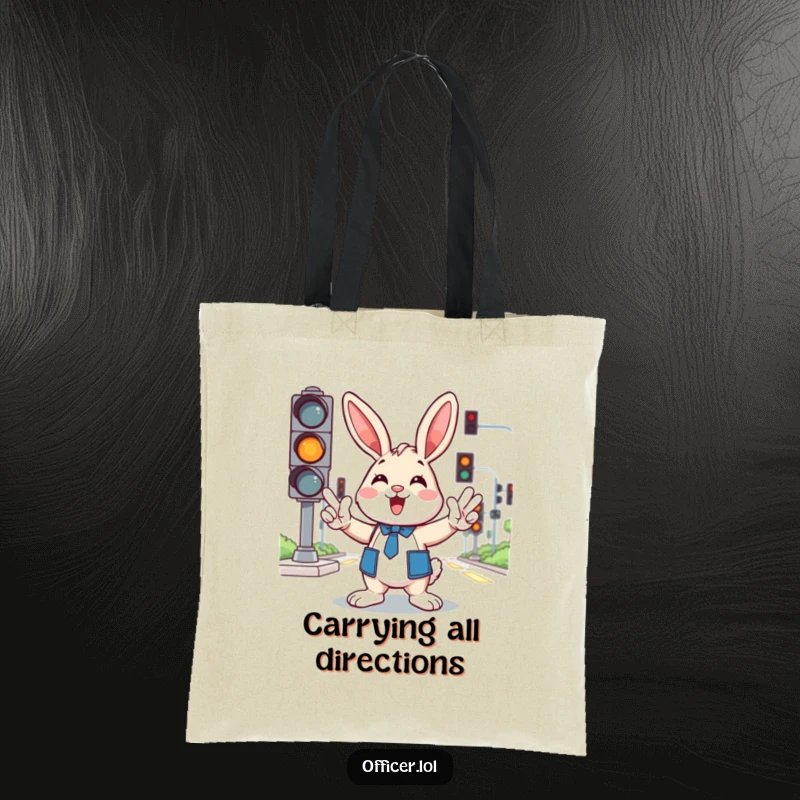 Funny tote bag featuring a cheerful cartoon bunny enthusiastically directing traffic with paws, traffic lights in background.