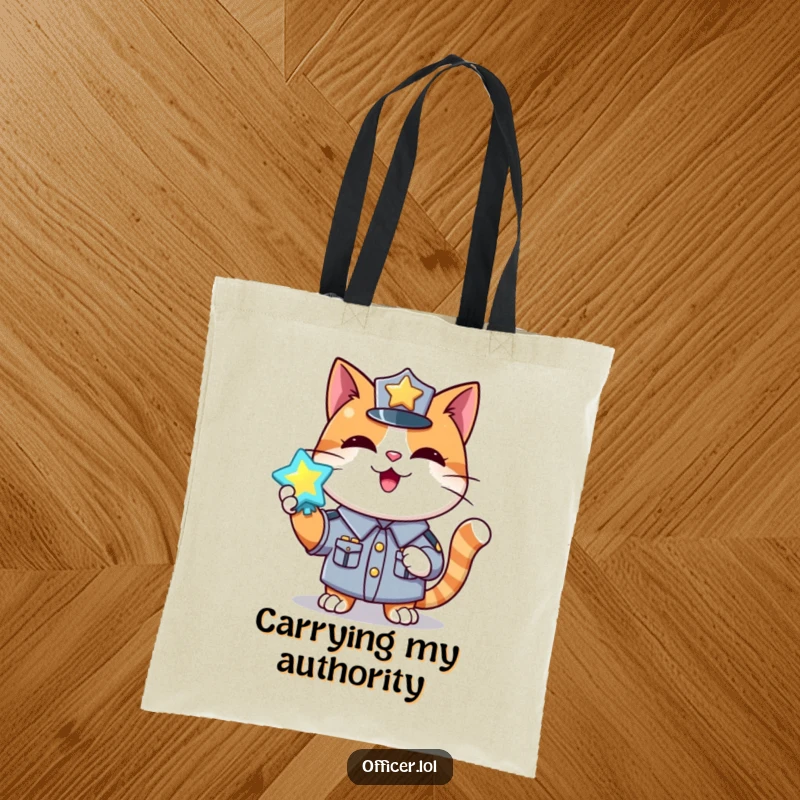 Funny tote bag with a happy cat in uniform holding up a shiny, glowing badge with pride.