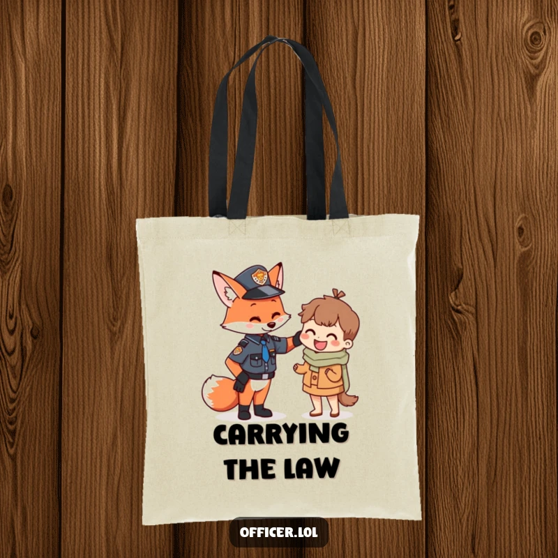 Funny Fox Officer Tote Bag: A playful fox officer lovingly pats a tiny happy citizen, symbolizing support and community spirit, great for shopping.