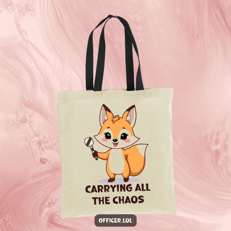 Funny fox tote bag, chic accessory with a playful fox directing traffic, confident smile and striped baton.