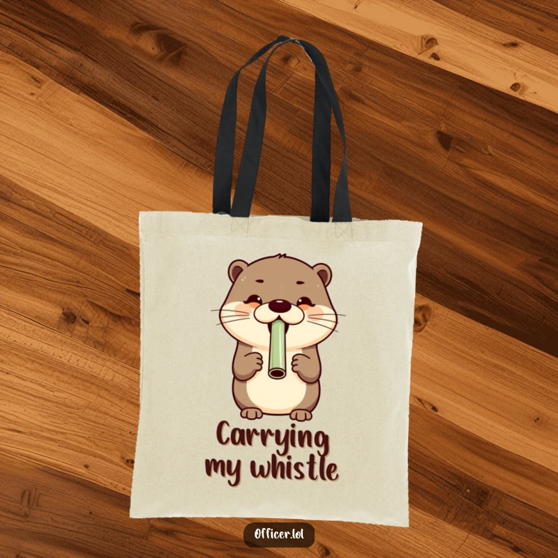 Cheerful otter blowing a whistle with a wide grin, a whimsical tote bag for spreading happiness and fun.