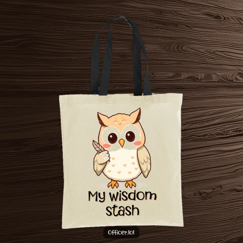 Funny tote bag featuring a wise owl pointing with a feather to a clue, perfect for carrying daily items with a touch of mystery.