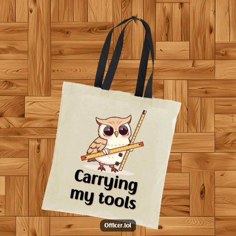 Funny Owl Tote Bag: A wise owl character measuring a lopsided tower with a ruler, perfect for carrying books and daily essentials with wit.