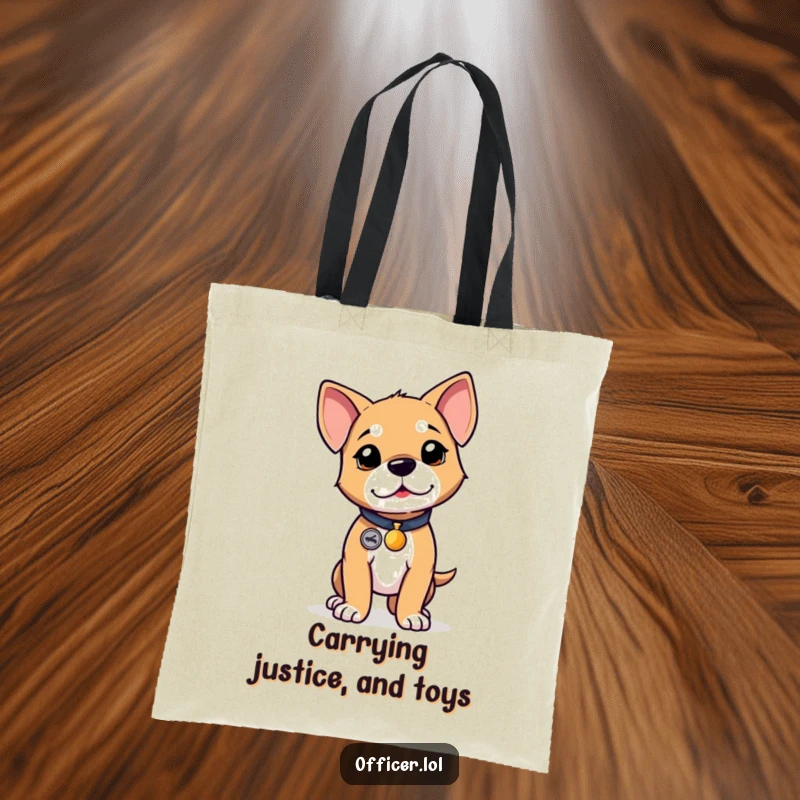Funny puppy tote bag, stylish accessory with a determined puppy wearing a tiny badge, standing tall.