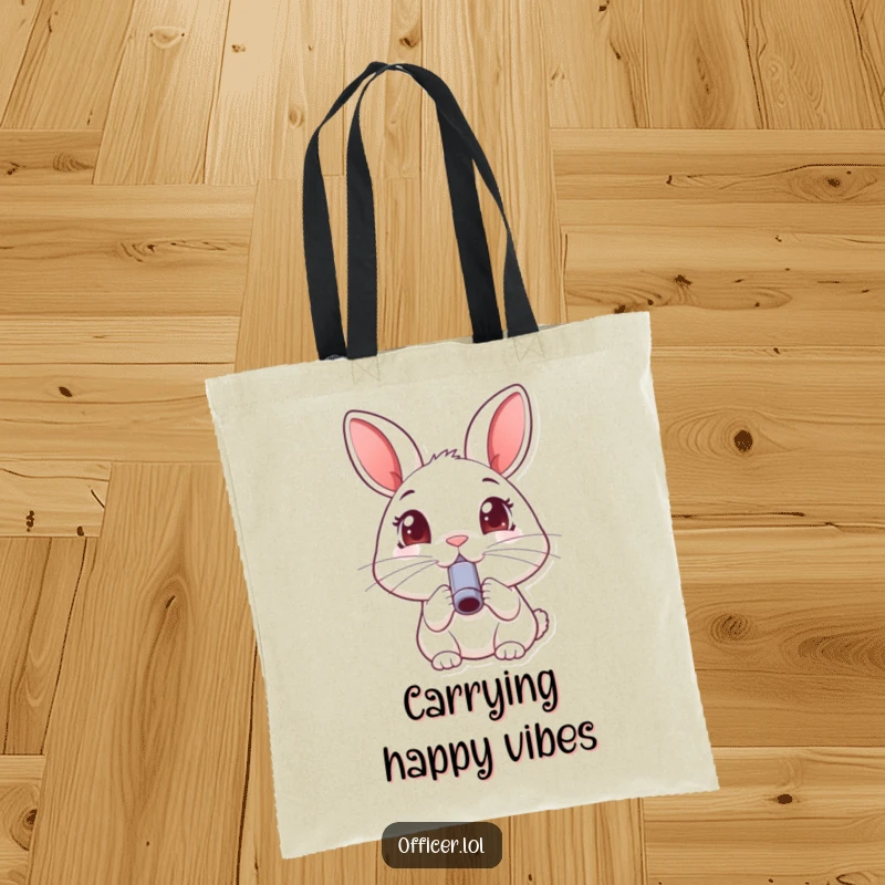 Funny rabbit tote bag, stylish accessory with a happy rabbit blowing a small whistle, wide joyful eyes.