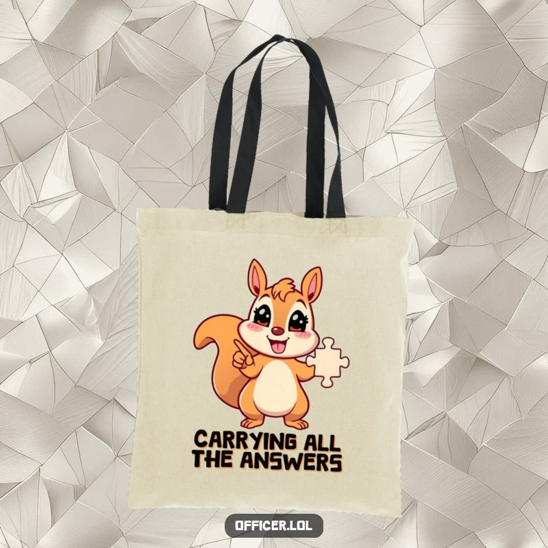 Funny energetic squirrel character pointing at a solved puzzle, smart and practical tote.