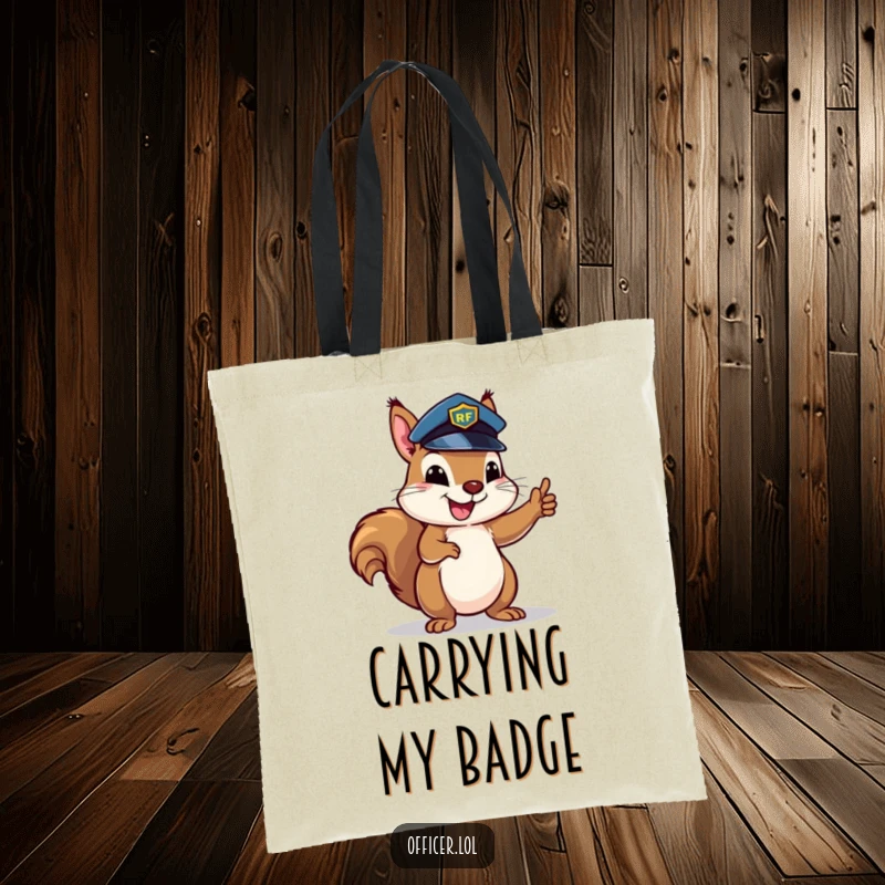 Funny happy squirrel in a police hat enthusiastically directing traffic, a whimsical tote bag for order enthusiasts.