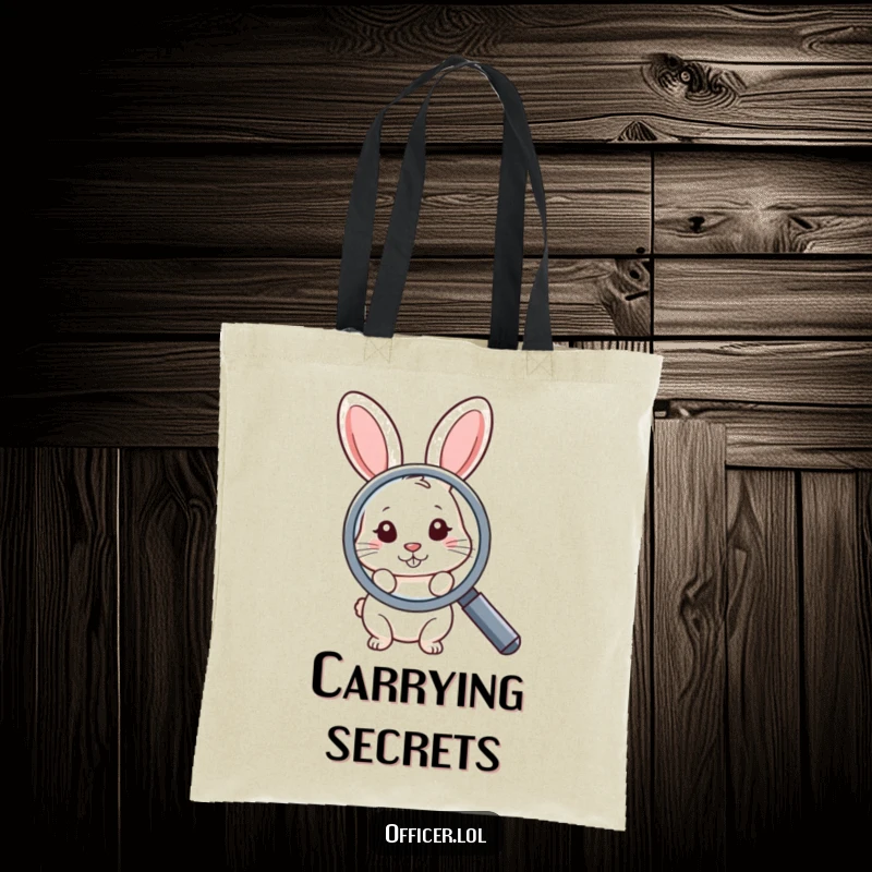 Funny tote bag with a shy rabbit peeking from behind a large magnifying glass, perfect for carrying items with a cute, curious, and funny vibe.