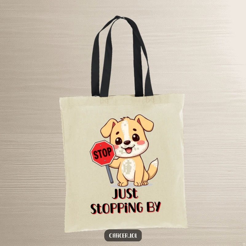 Funny stop sign dog tote bag featuring a smiling cartoon dog holding up a stop sign, a perfect humorous accessory.