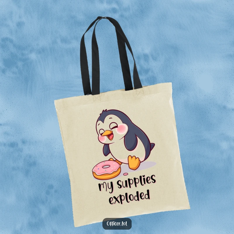 Funny Penguin Tote Bag: A goofy penguin trips over a donut, looking surprised and comical, perfect for carrying everyday items with humor.