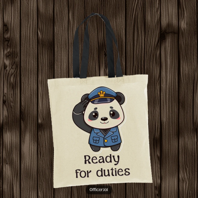Funny tote bag with a playful panda in uniform saluting with a proud smirk, perfect for carrying items with style.